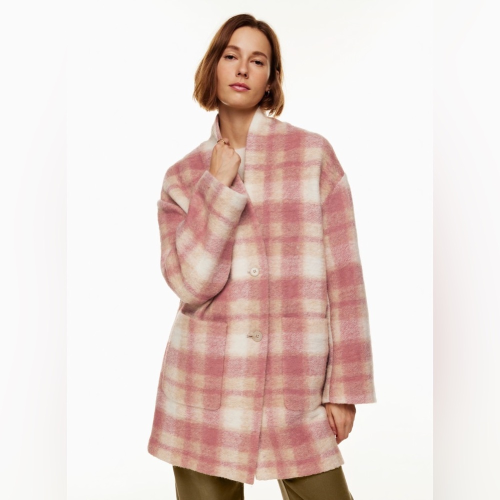 Aritzia Pink and Cream Plaid Wool-Blend Coat